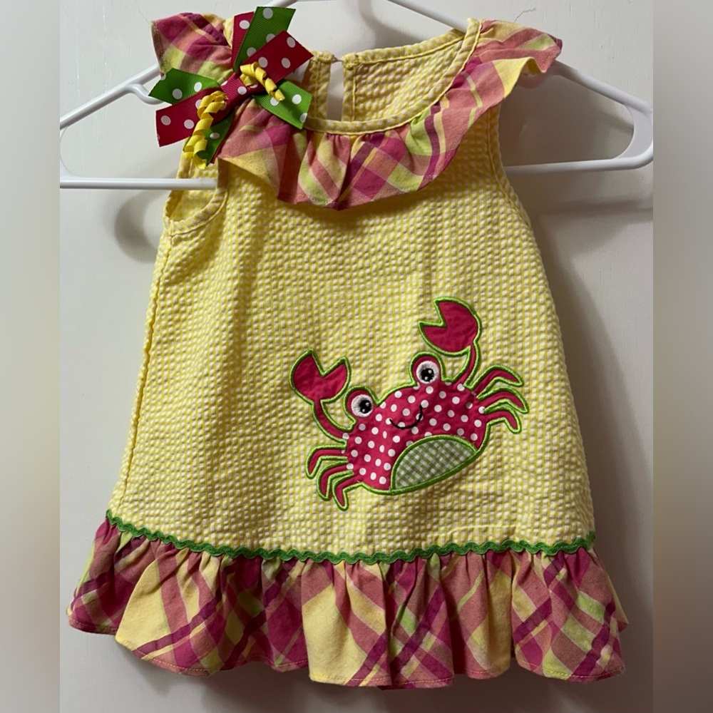 Bonnie Jean Yellow Dress with Crab Design and Bow
Size 2T, like new